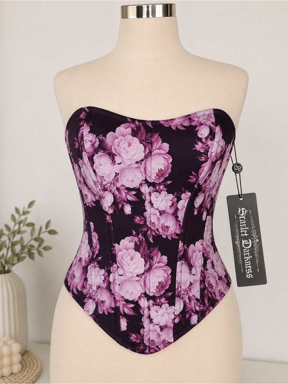 Size L Scarlet Darkness Strapless Floral Corset - Purple Pink